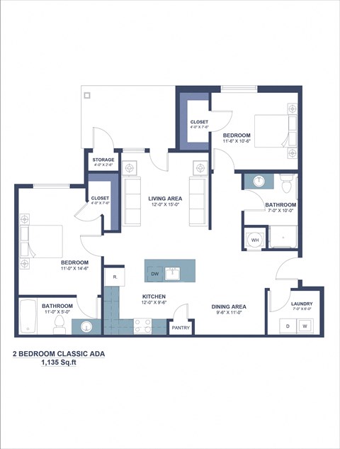 Floor plan for 2 beds, 2 baths, 1135 sqft
